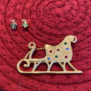 Festive Gold Sleigh Brooch with Gem Accents and Candy Cane Earrings